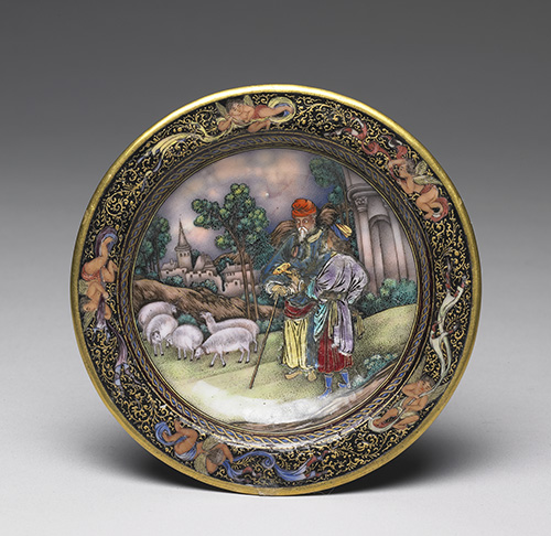 Metal-body plate with European shepherds on a black ground in falangcai painted enamels