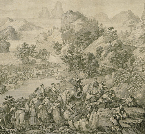 Litografia raffigurante “La ritirata lungo il fiume Heishui” dalla vittoria nella pacificazione tra gli Dzungar e i musulmani