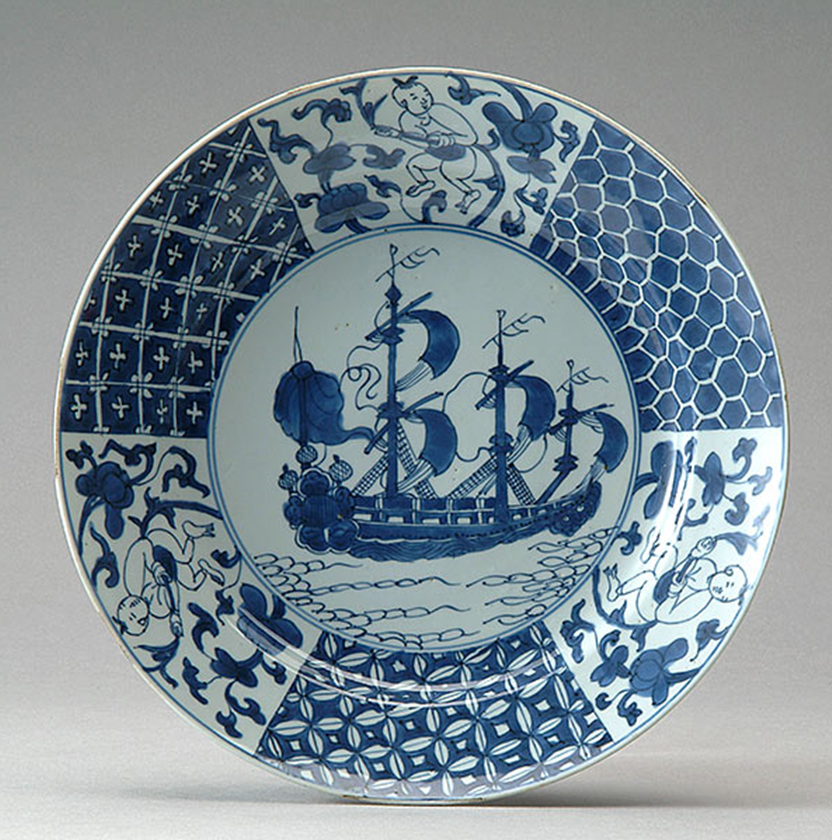 Blue and White Dish Decorated with a Portuguese or Dutch Ship in Full Sail