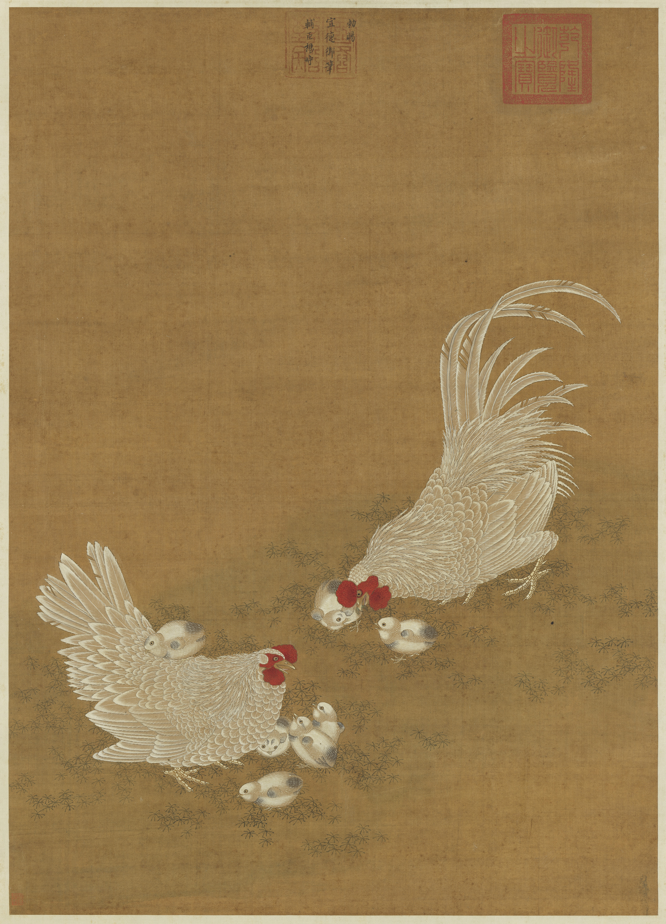 Hen and Rooster with Chicks