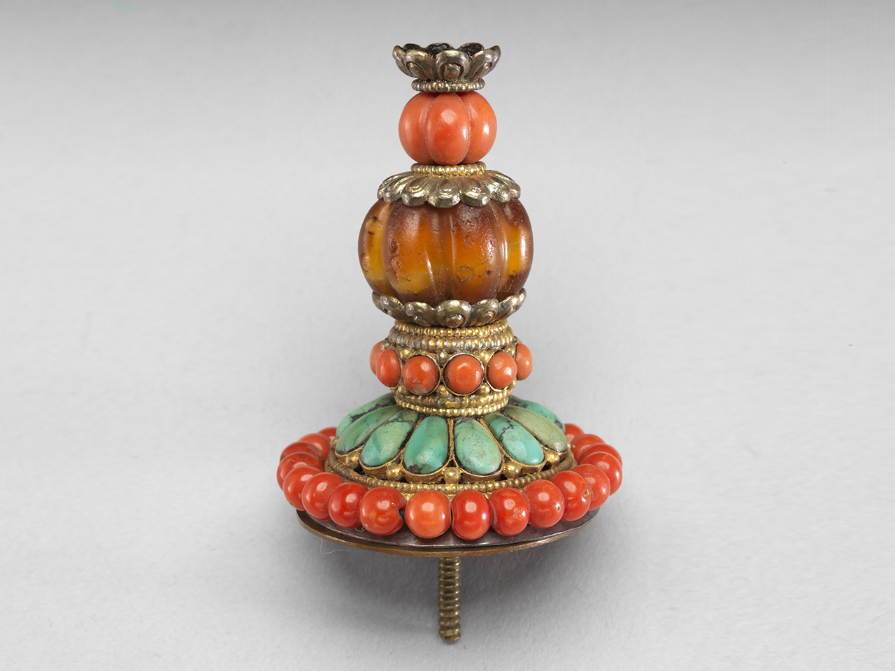Silver hat finial with coral and turquoise inlay