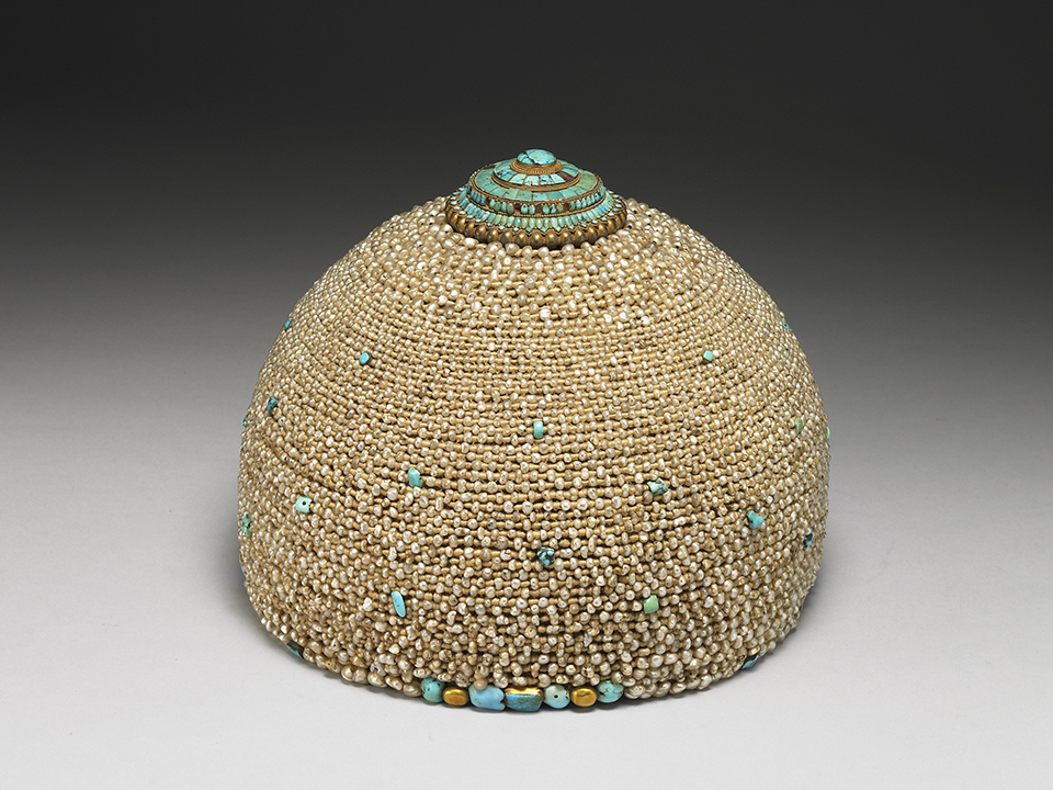 Pearl hat with turquoise inlay