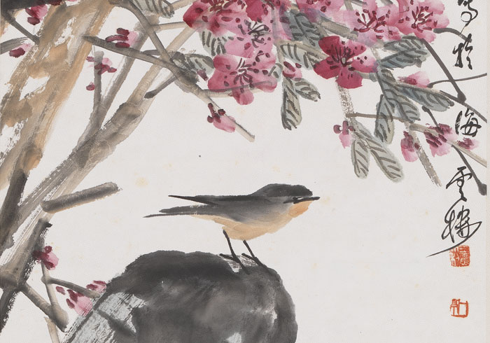 Peach Blossoms and a Flock of Swallows
