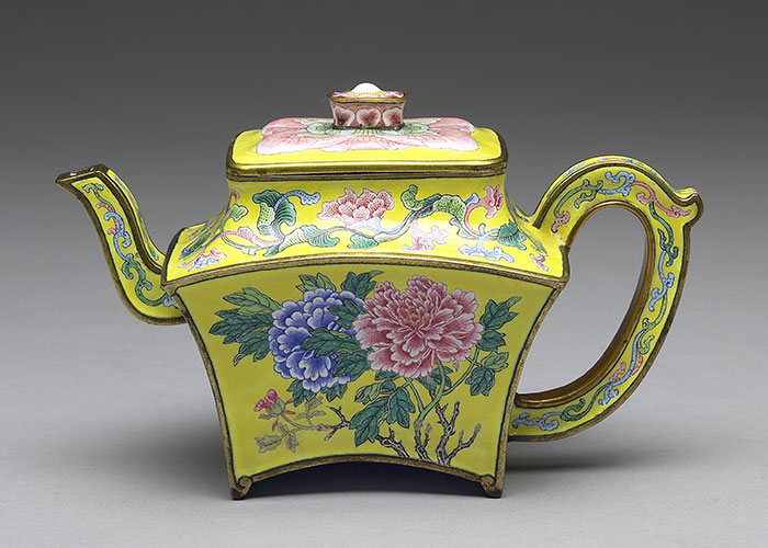 Copper square teapot with peony decoration in painted enamels