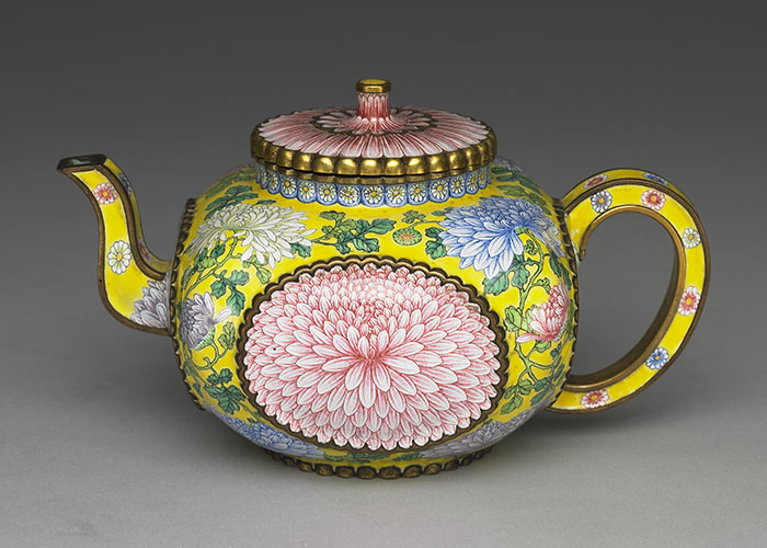 Copper square teapot with chrysanthemum decoration in painted enamels