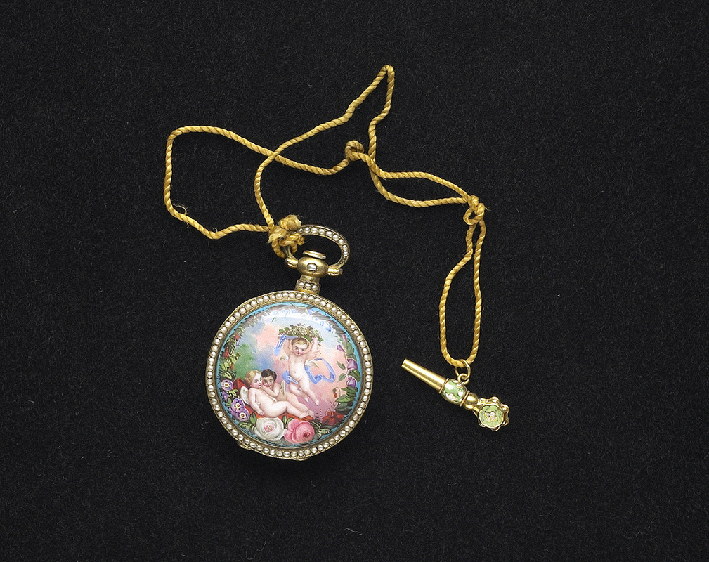 十九世紀　「播喴」畫琺瑯鑲珠懷錶