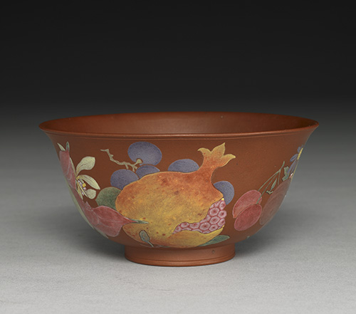 Tea bowl with flowers and fruit decoration in falangcai painted enamels on an Yixing-ware body