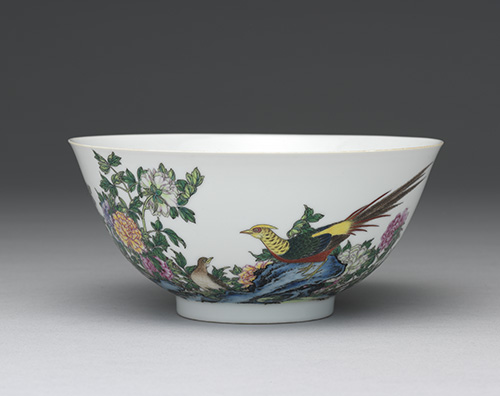Porcelain bowl with peonies and pheasants in falangcai painted enamels