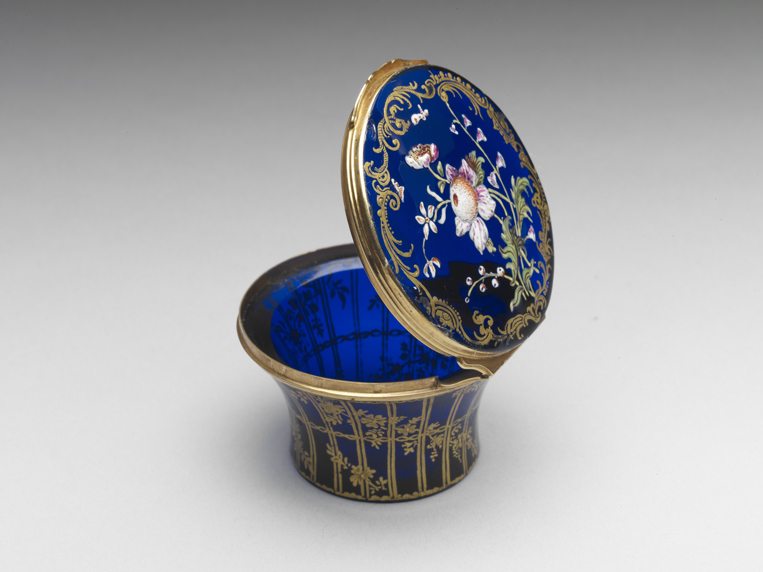 Dark- blue glass box with gilded and painted enamel decoration