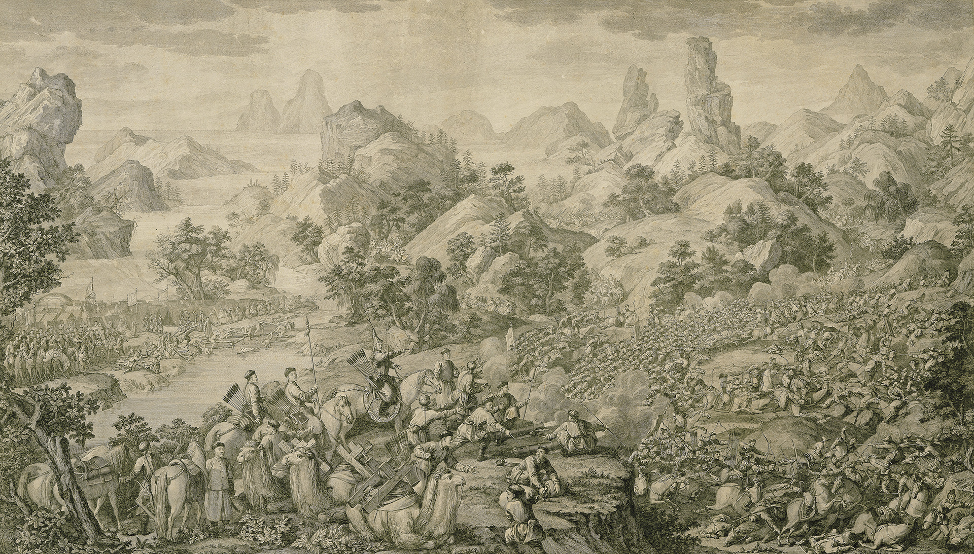 Copperplate engraving of the "Lifting of the Siege at the Black Water River" from Victory in the Pacification of Dzungars and Muslims