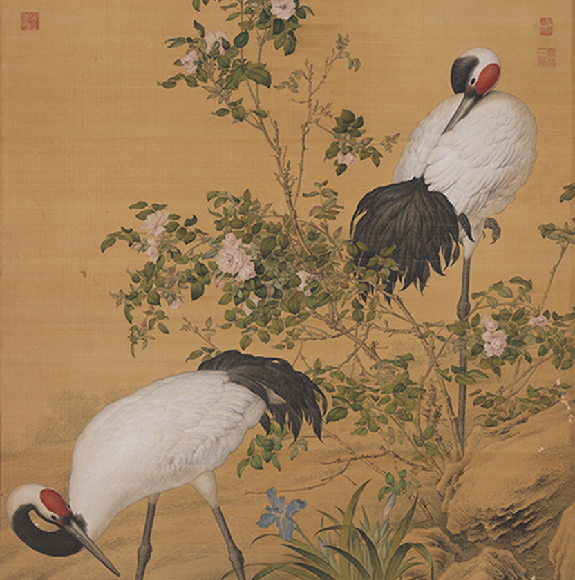Pair of Cranes in the Shade of Flowers