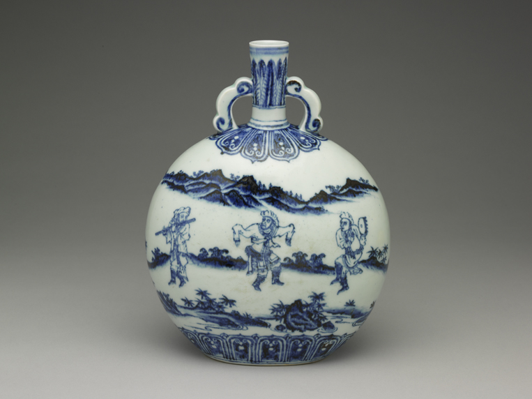 Flask with paired ruyi handles and figures decoration in underglaze blue, Ming dynasty, Yongle reign (1403-1424)