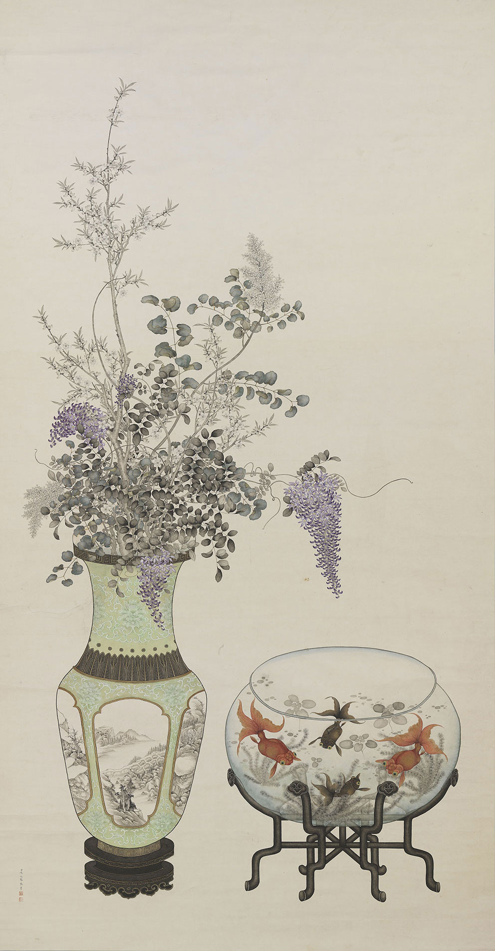 Vase of Flowers and a Goldfish Bowl