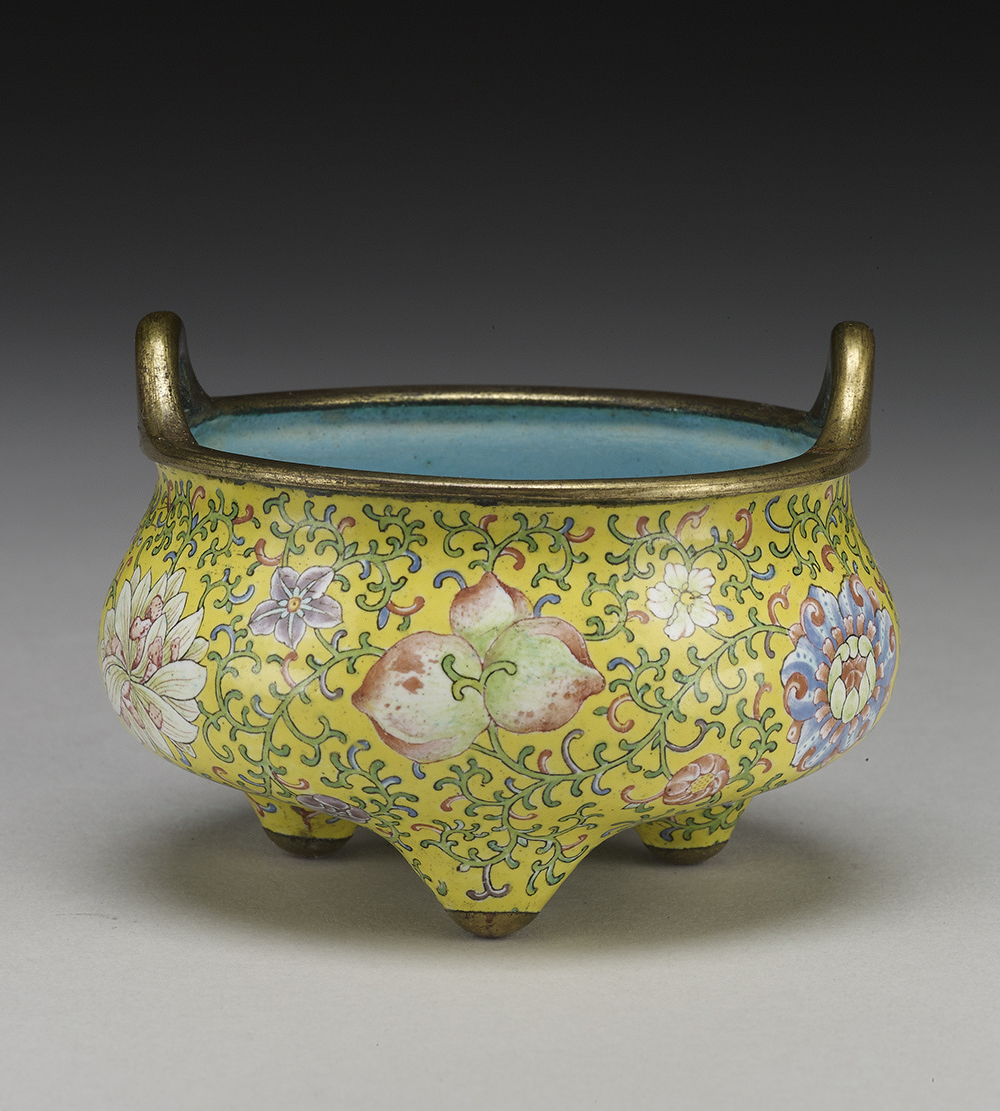 Painted enamel censer with lotus decoration on a yellow background