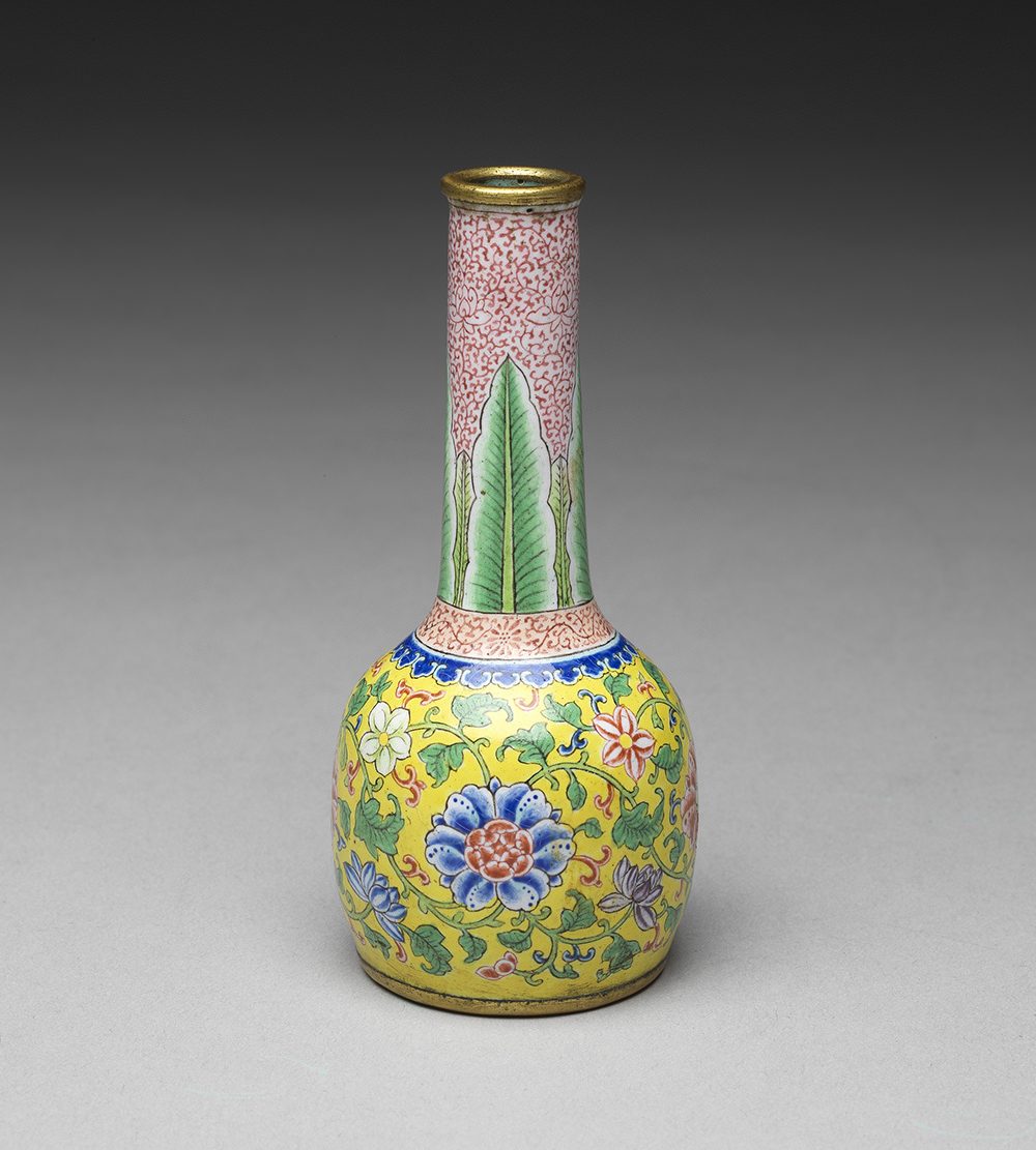 Painted enamel vase with lotus decoration on a yellow background