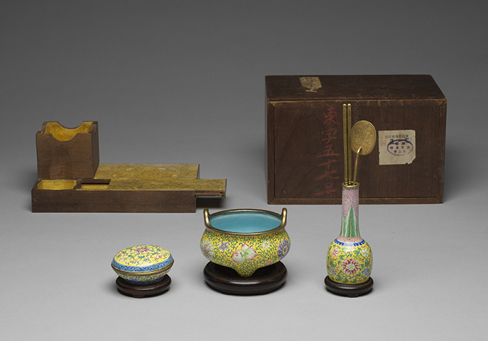 Painted enamel incense set with lotus decoration on a yellow background (with box)