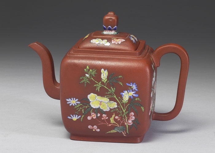 Yixing square teapot with four-seasons flowers decoration in painted enamels