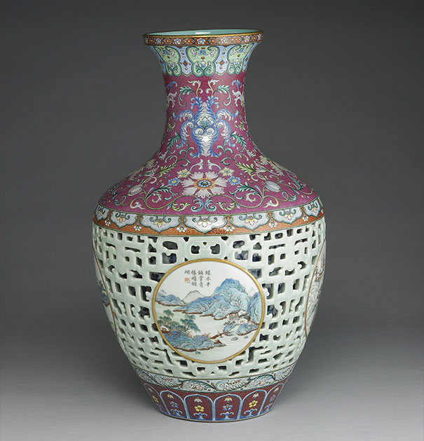 Vase in yang-ts'ai enamels with incised pattern of flower brocade, and double layer openwork 1743 (Qian-long reign)