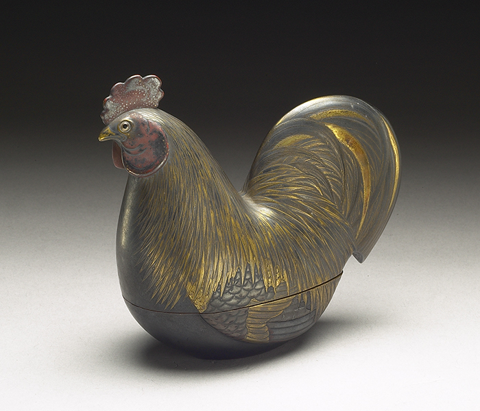Painted Lacquer Box in the Shape of a Rooster with accompanying Xiangong Ivory Boat, 18th century Qing Dynasty