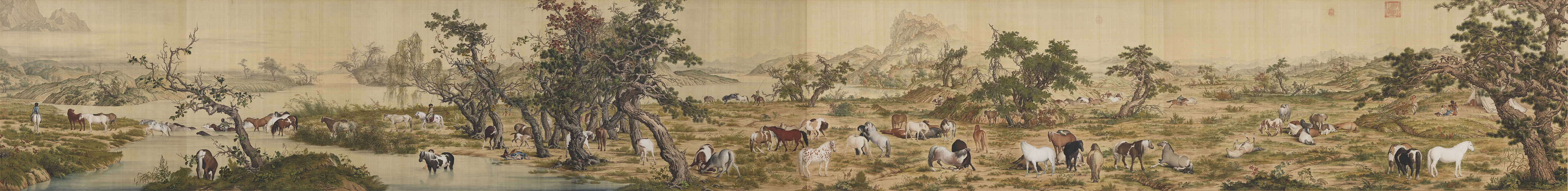 清　郎世寧(1688-1766)百駿圖　　卷　絹本　設色　縱94.5公分　橫776.2公分