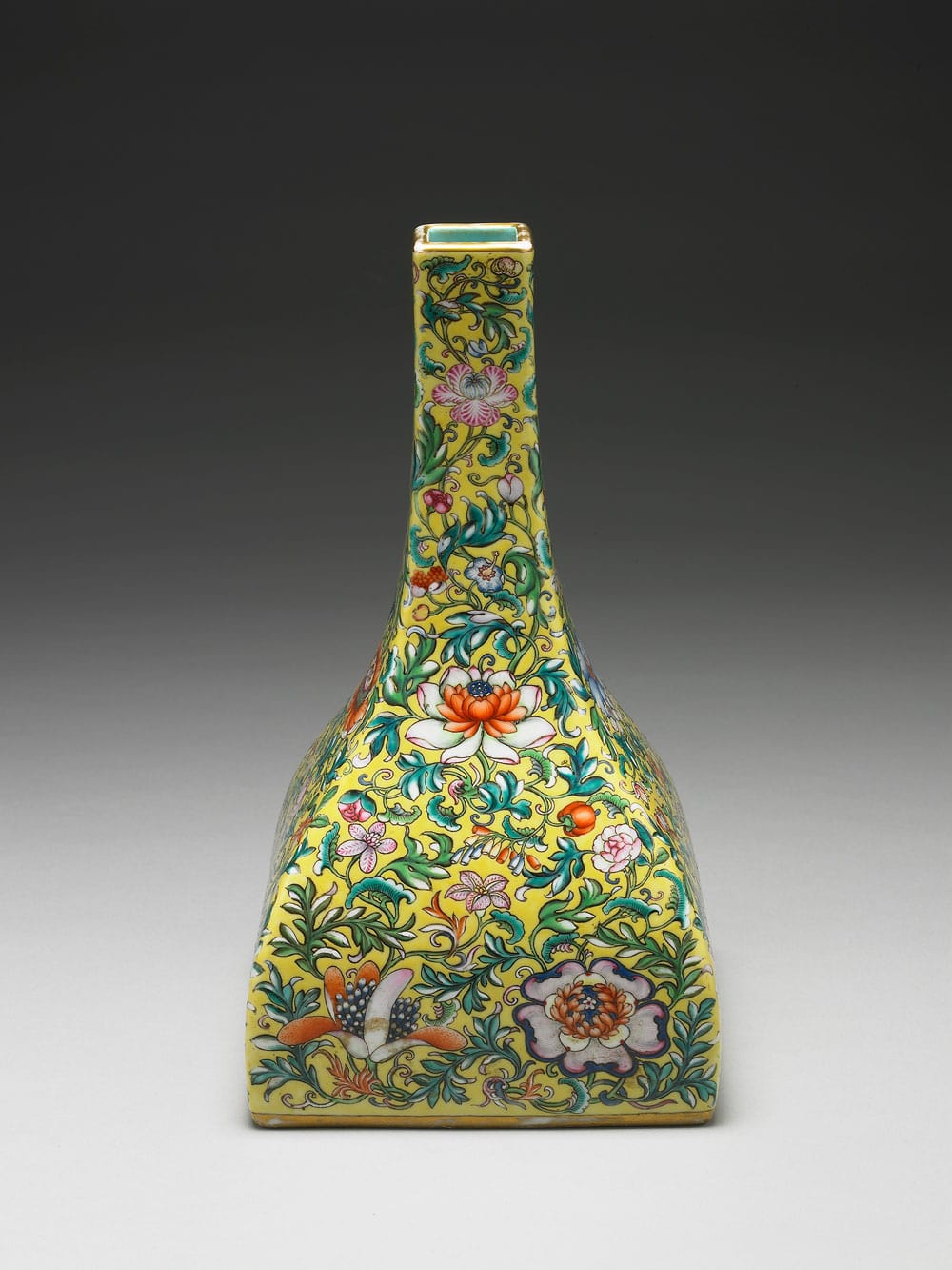 Square vase with Western flower on a yellow ground in yangcai painted enamels