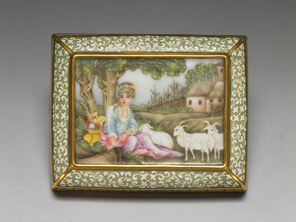 Rectangular box with a Western lady and three sheep on a polychrome ground in falangcai painted enamels