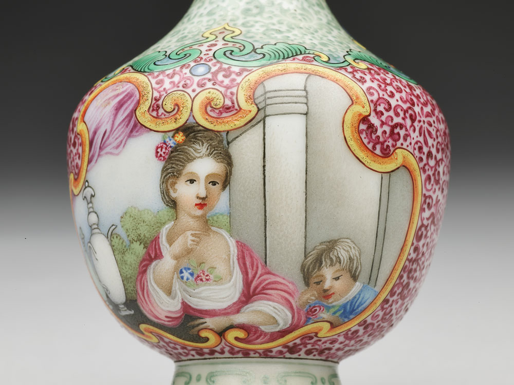 Vase with two handles with Western figure on a polychrome ground in falangcai painted enamels