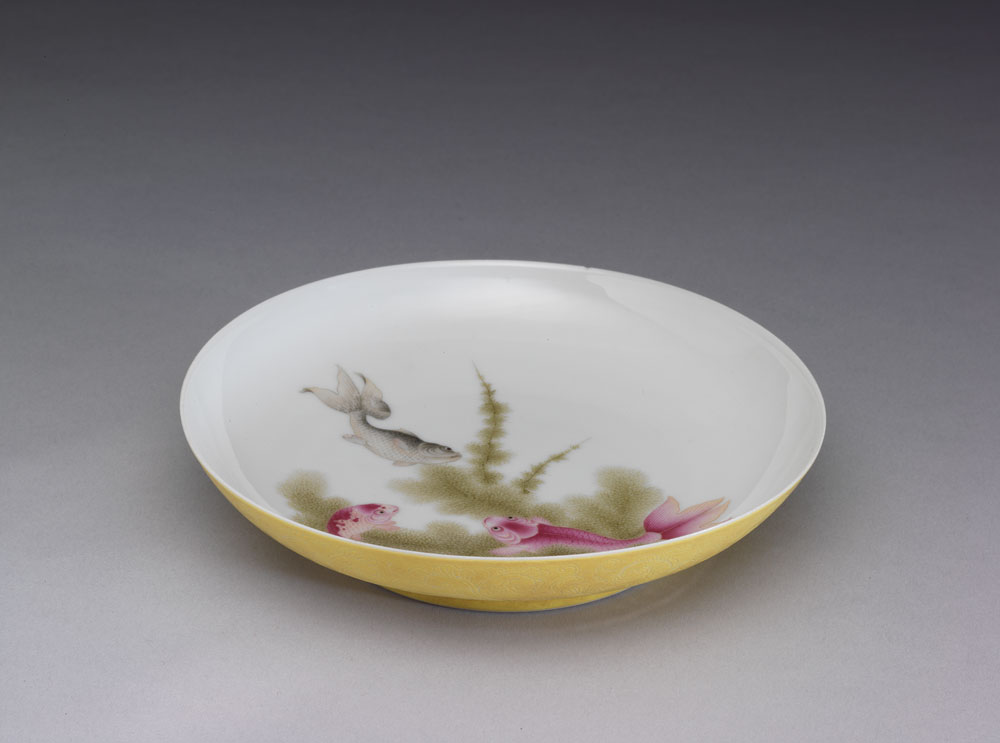 Dish with goldfish and aquatic plants inside a yellow exterior in falangcai painted enamels