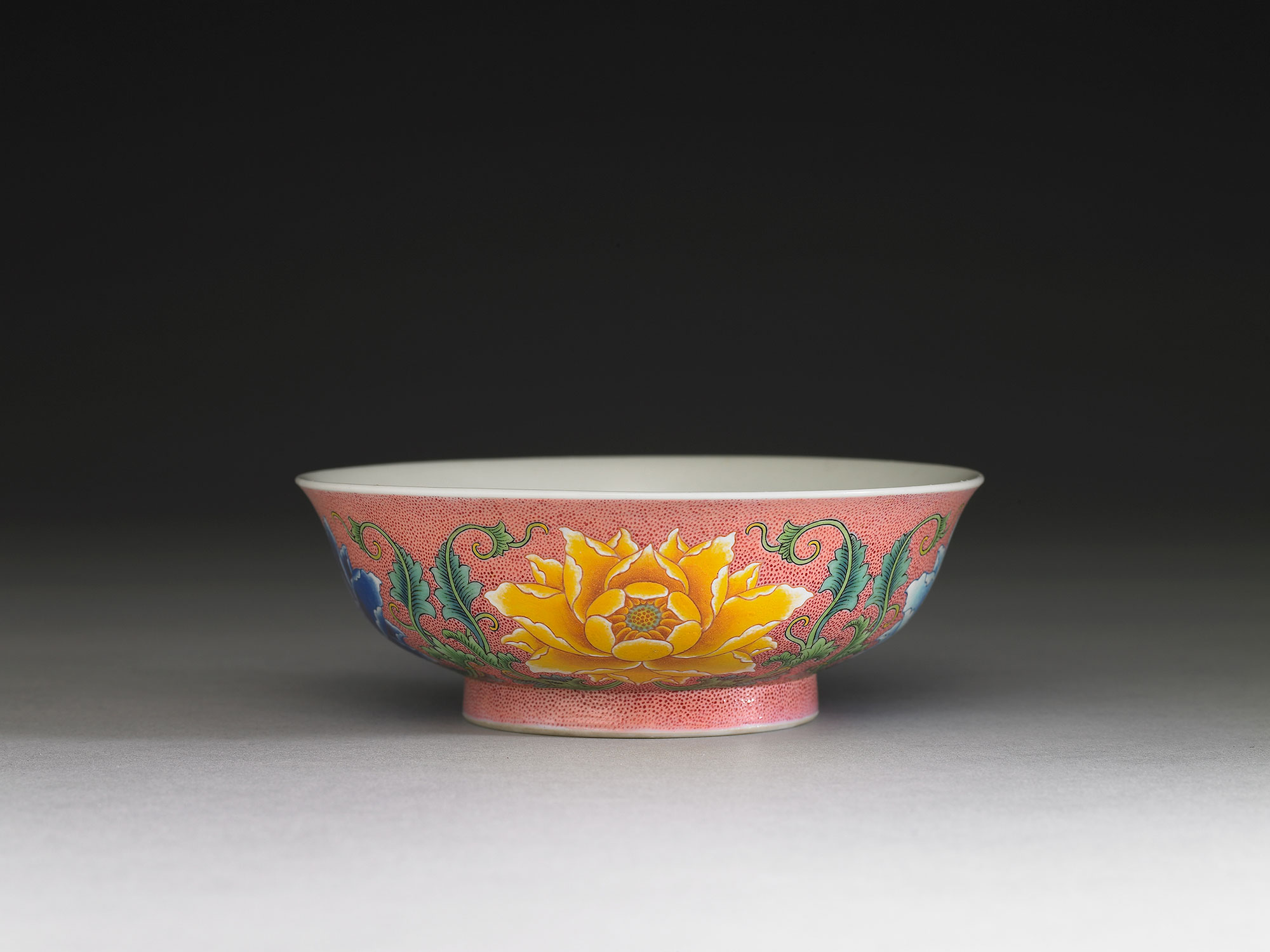 Bowl with Indian lotuses on a pink ground in painted enamels