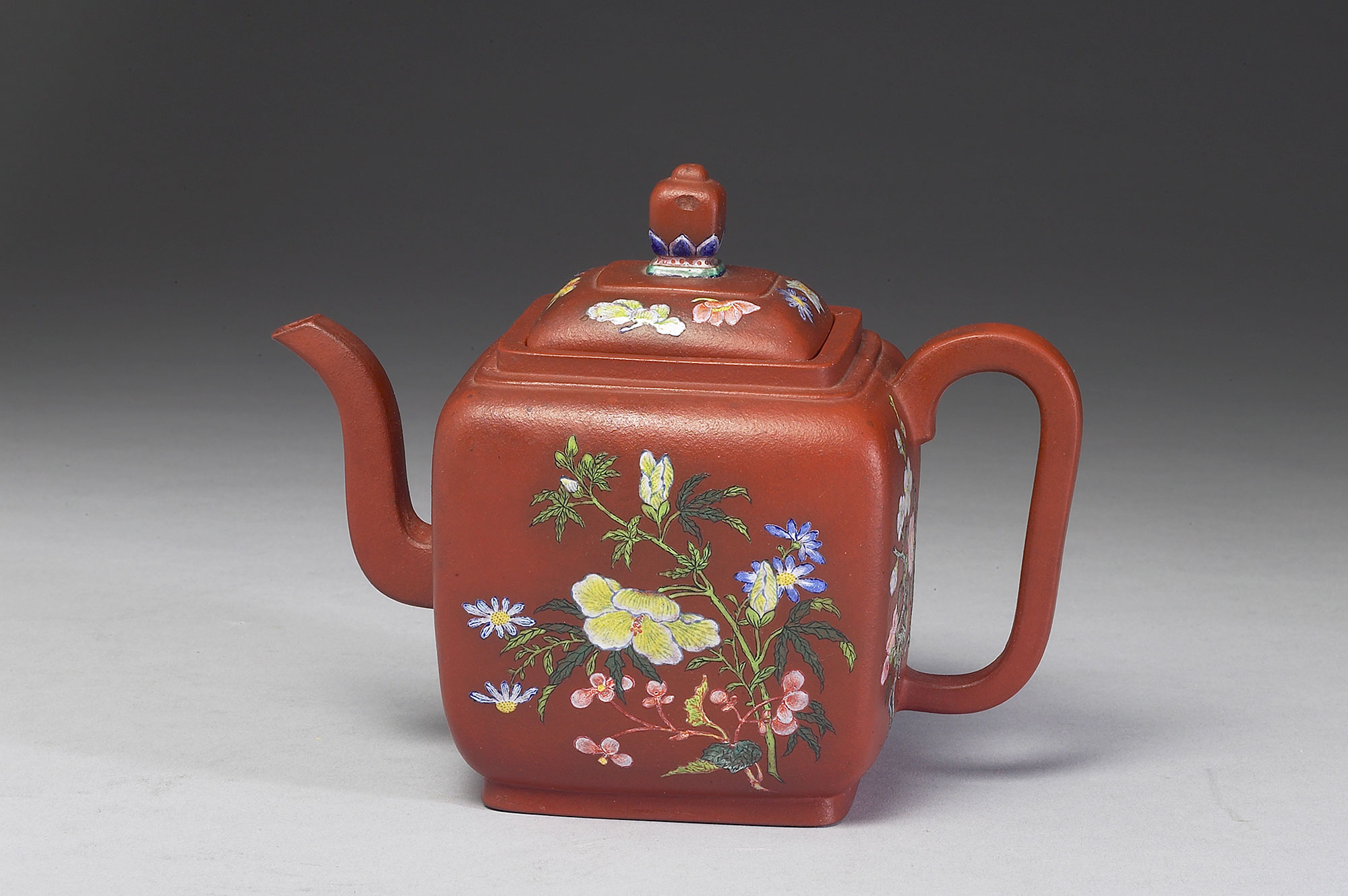 Yixing square teapot with flowers of the four seasons in painted enamels