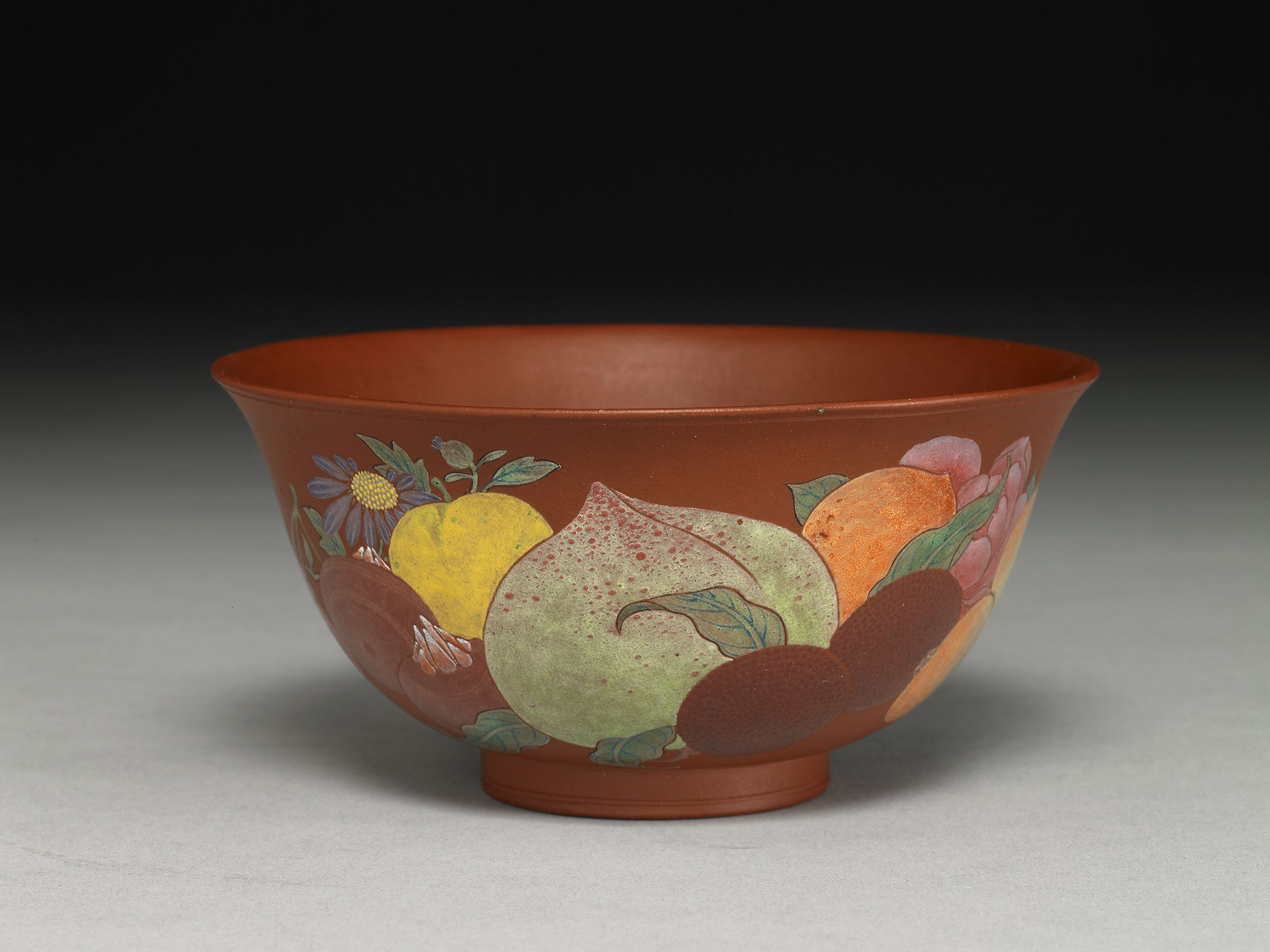 Yixing bowl with flowers and fruits in painted enamels