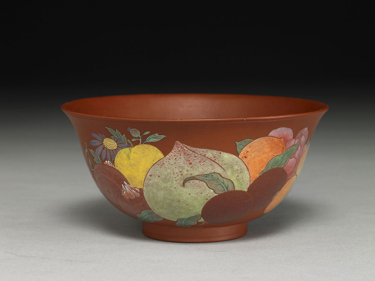 Yixing bowl with flowers and fruits in painted enamels