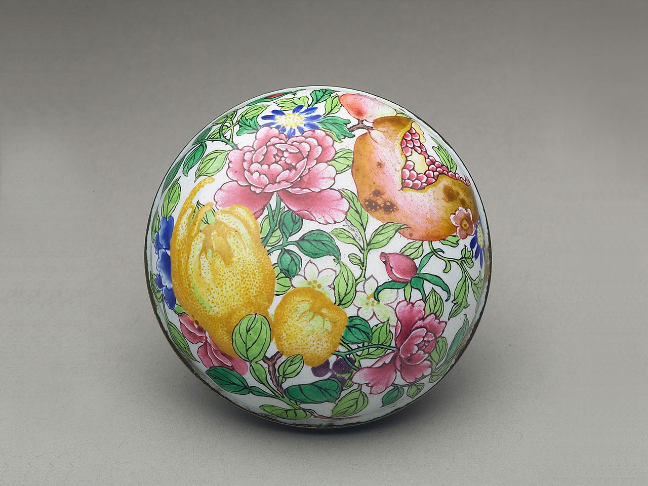 Copper box with flowers and fruits in painted enamels