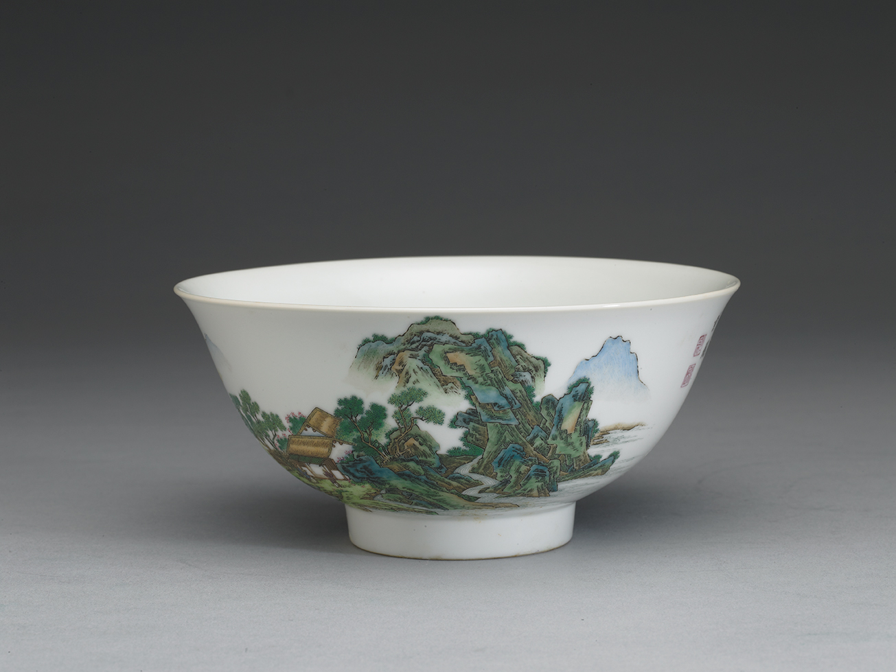 Bowl with landscape and figure in falangcai painted enamels