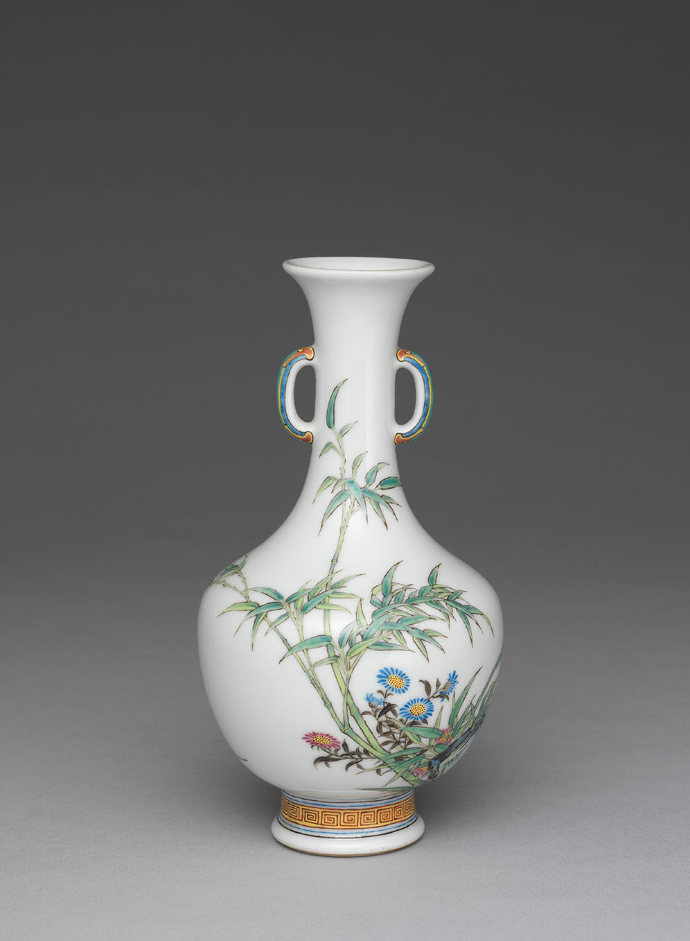 Vase with two handles and orchid and bamboo in falangcai painted enamels