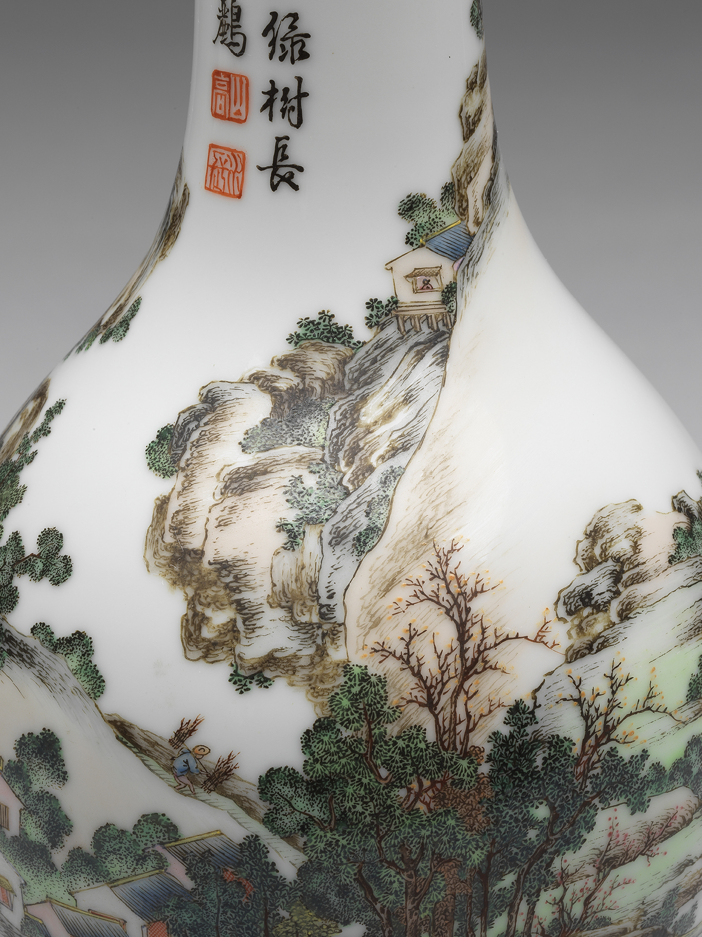 Gall-bladder-shaped vase with landscape in falangcai painted enamels