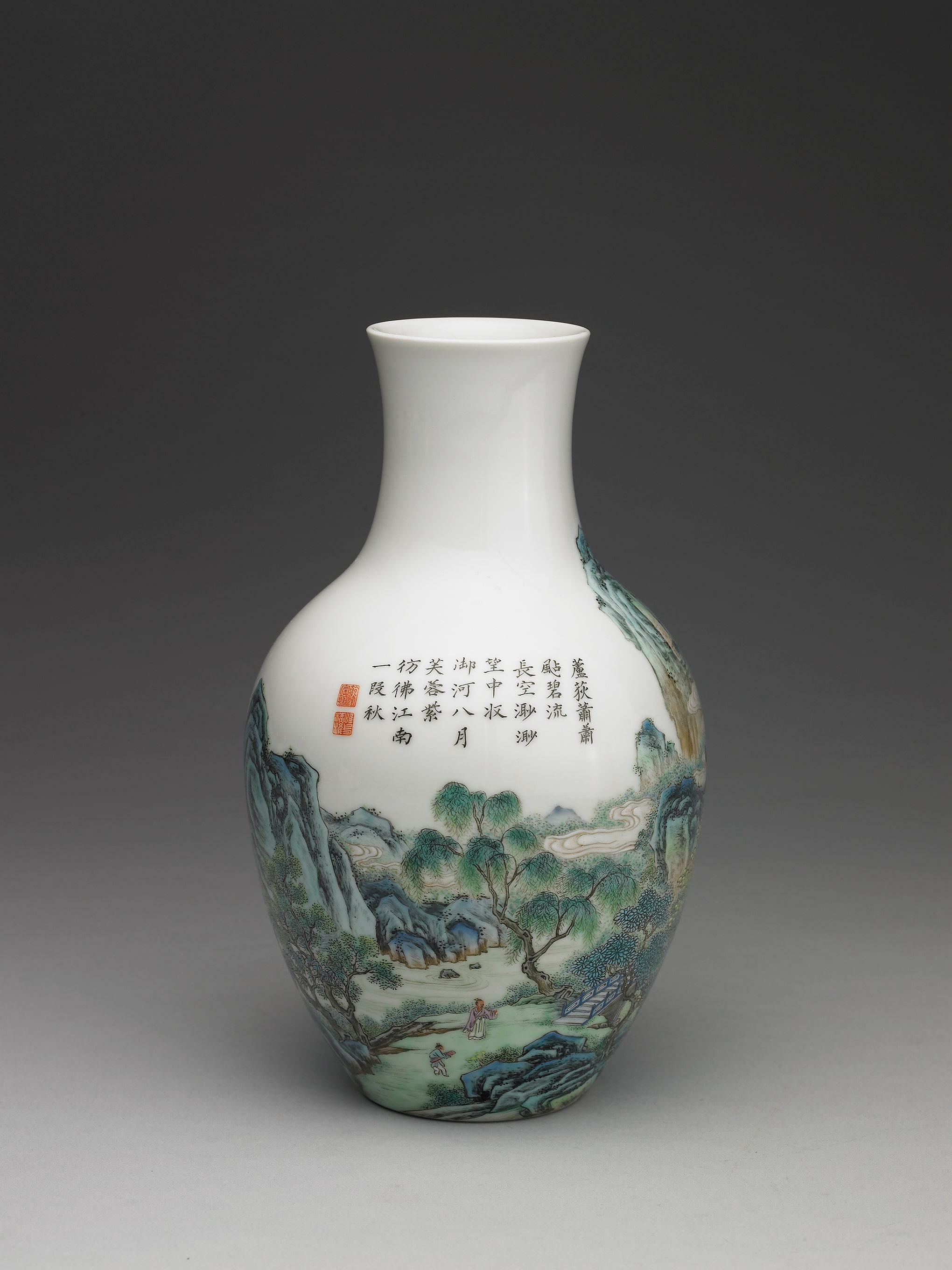 Guanyin vase with landscape and figure in yangcai painted enamels