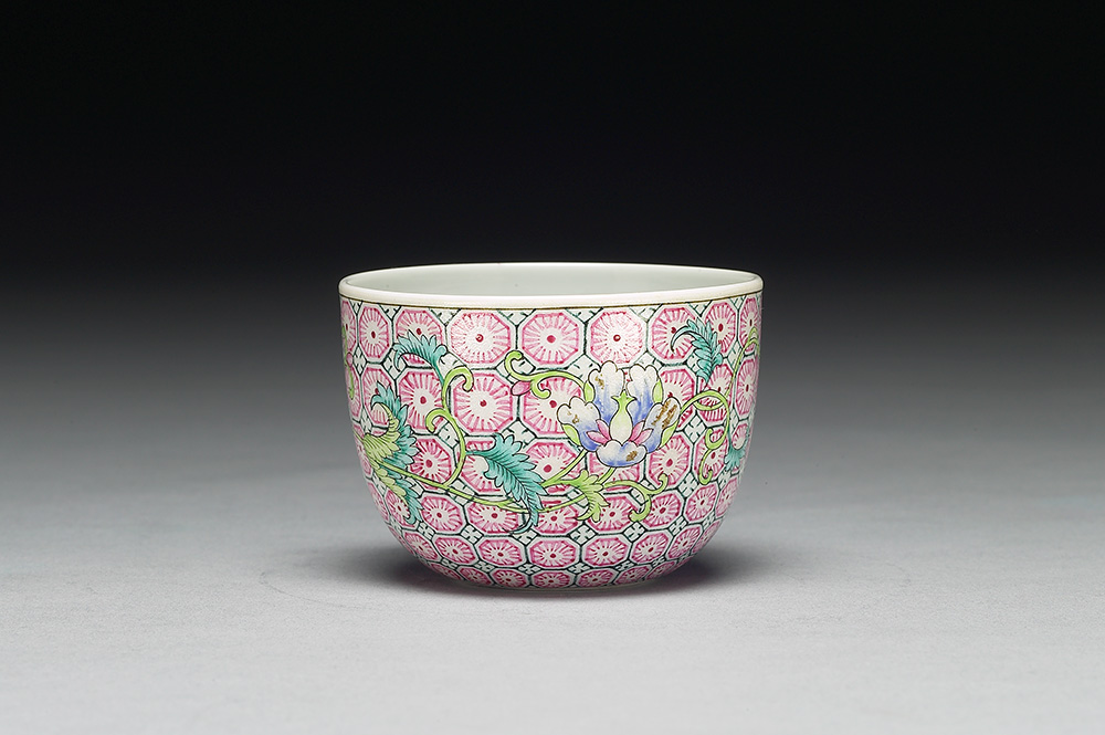 Zhong wine cup with flower on a polychrome ground in falangcai painted enamels