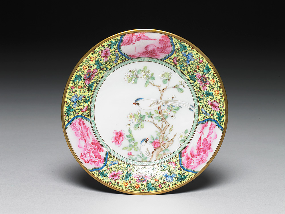 Polychrome-banded dish with flower and bird in falangcai painted enamels