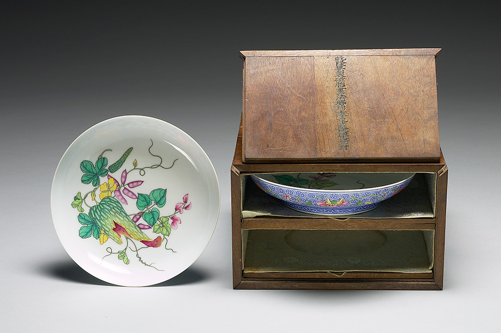 Dish with 'Melon of Everlasting Progeny' motif on a polychrome blue ground in falangcai painted enamels With wood case