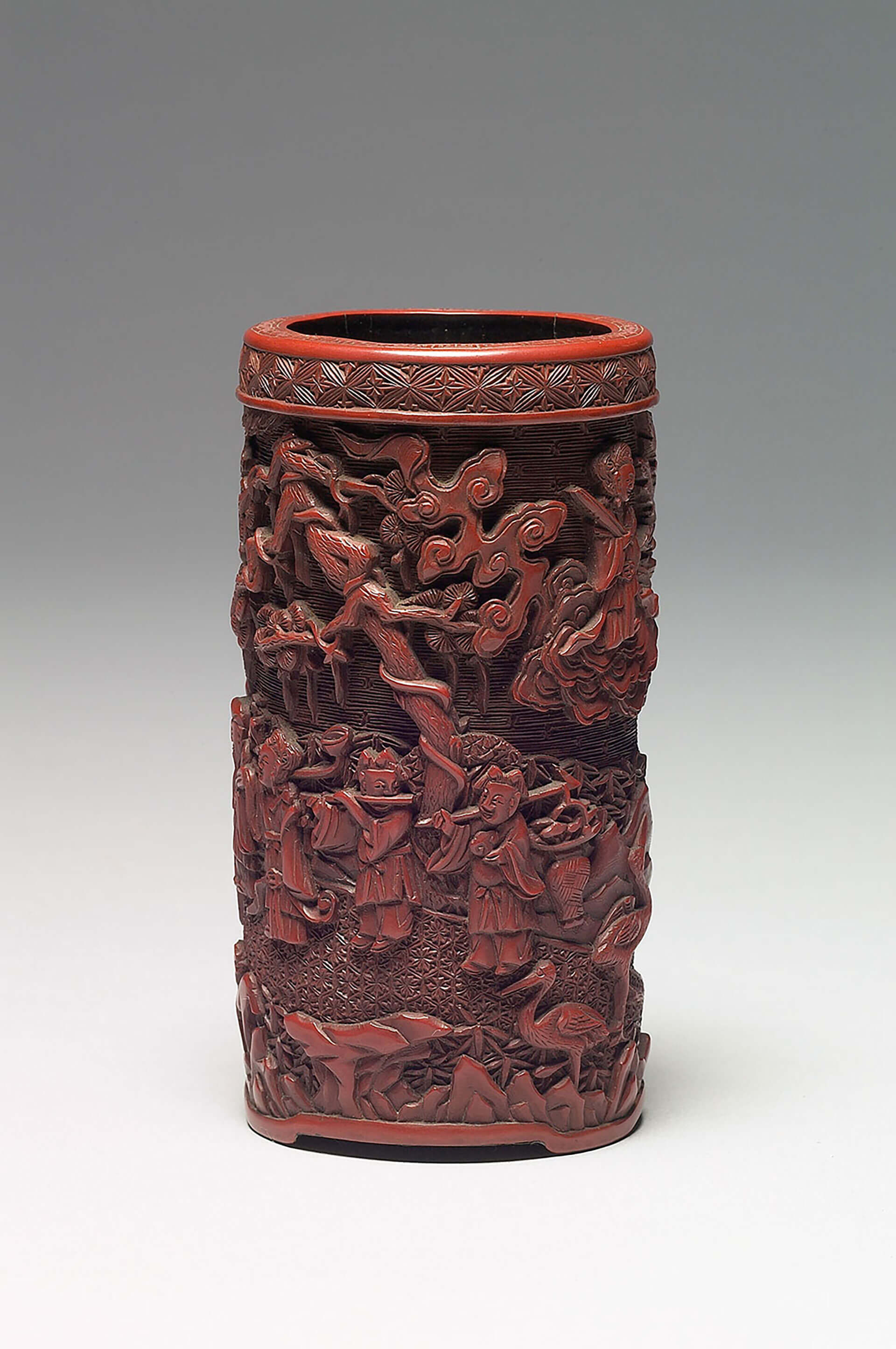 Carved-red lacquer brush holder decorated with the eight immortals celebrating birthday