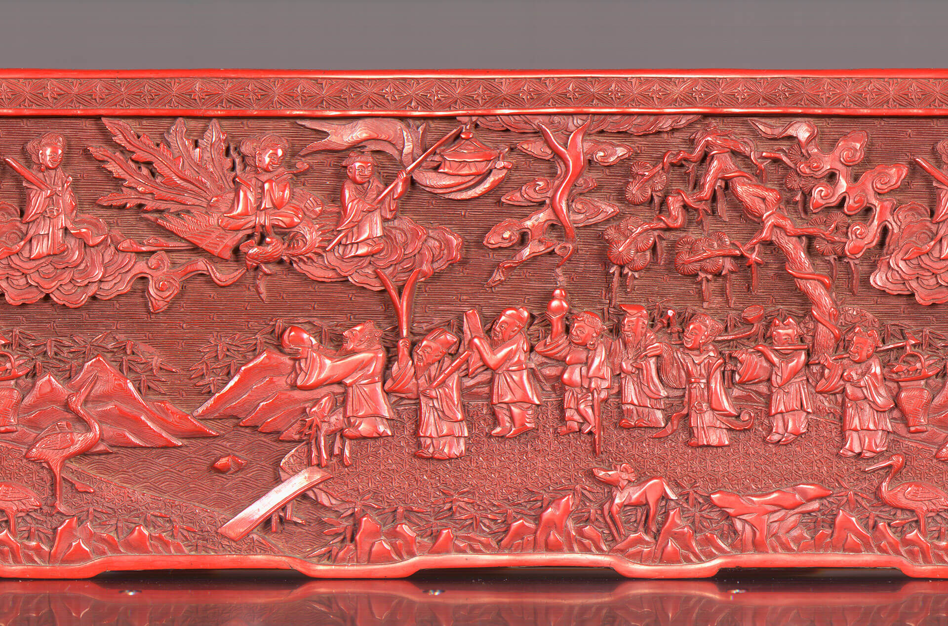 Carved-red lacquer brush holder decorated with the eight immortals celebrating birthday