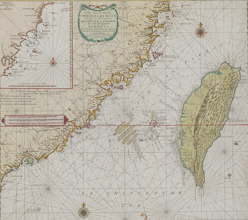 Pas-kaart van de Chineesche Kust, Langs de Provincien Quantung en Fokien, als ook het Eyland Formosa, met alle daar onder gehoorende eylanden als mede de dieptens en ankergronden_preview