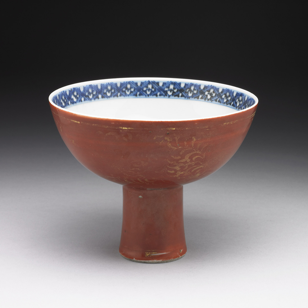 Stem Bowl in Underglaze Blue with Gold Floral Motif in Red Ground_preview