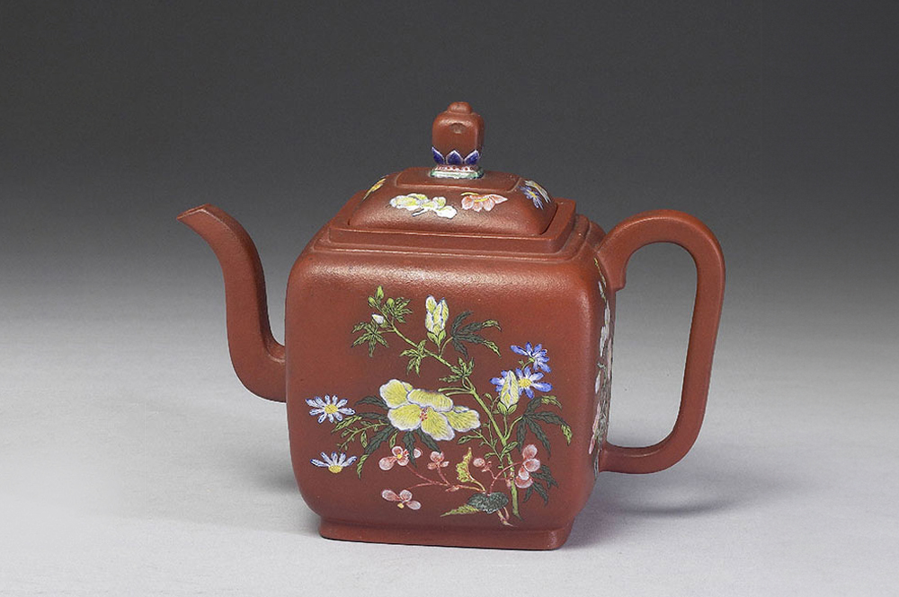 Rectangular Yixing Clay Teapot with Faience Enamel Paintings of the Four Seasons_preview