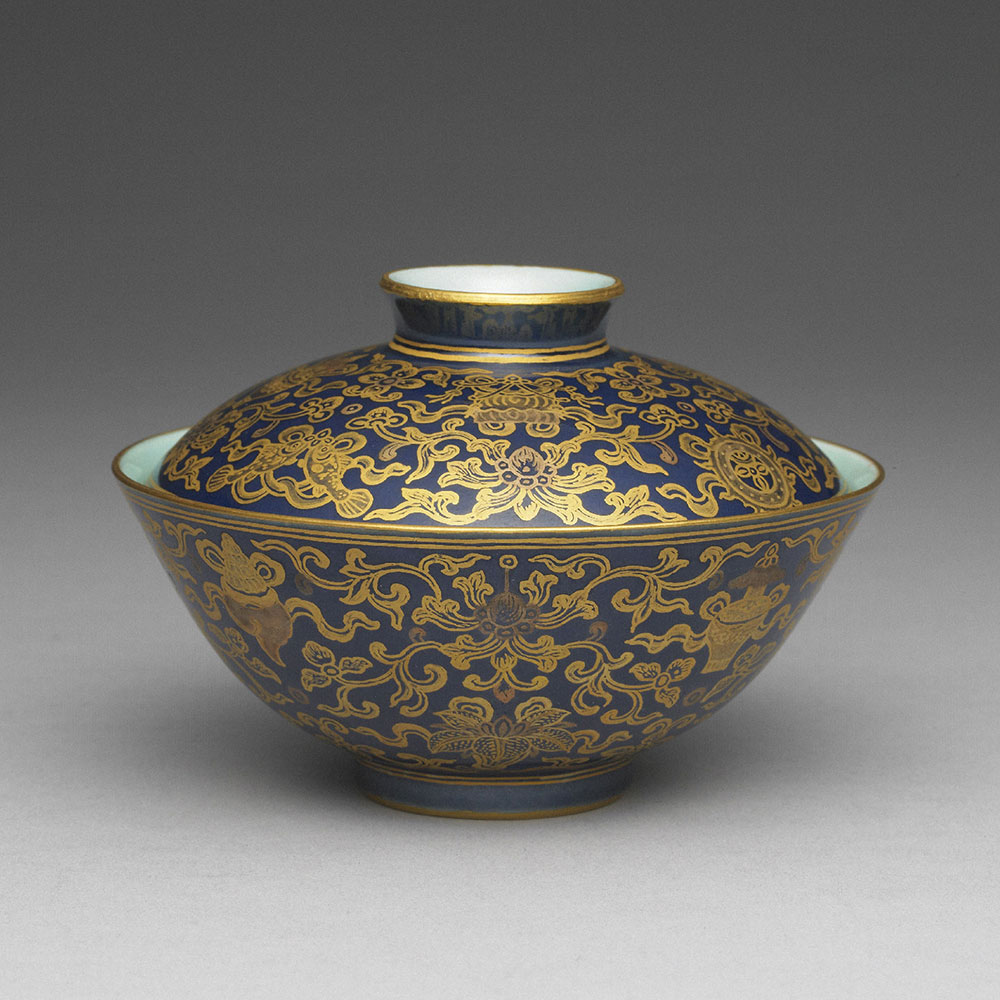 Blue Lidded Bowl with Painted Gold Design (Passionflower Pattern)_preview