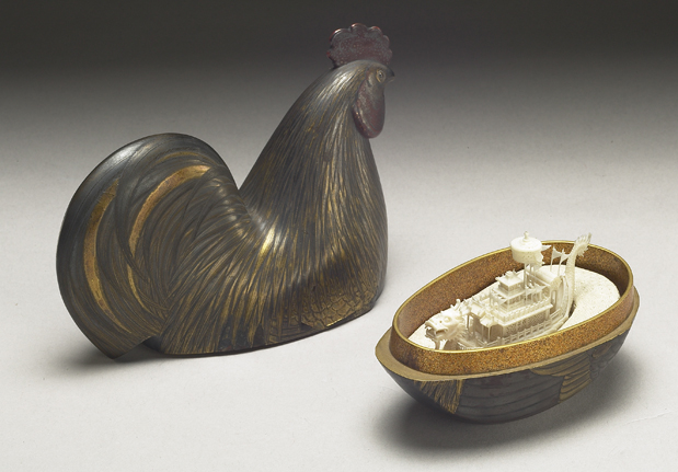 清 十八世紀 蒔繪公雞盒附象牙仙工船
