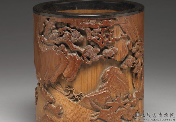 美術品杓立 竹製 筆筒 陰刻 鳥の図 アンティーク茶道具 蔵出し １客