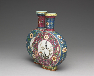 Coupled Vase with Flower-and-Bird Panels in Fencai Rose Enamels