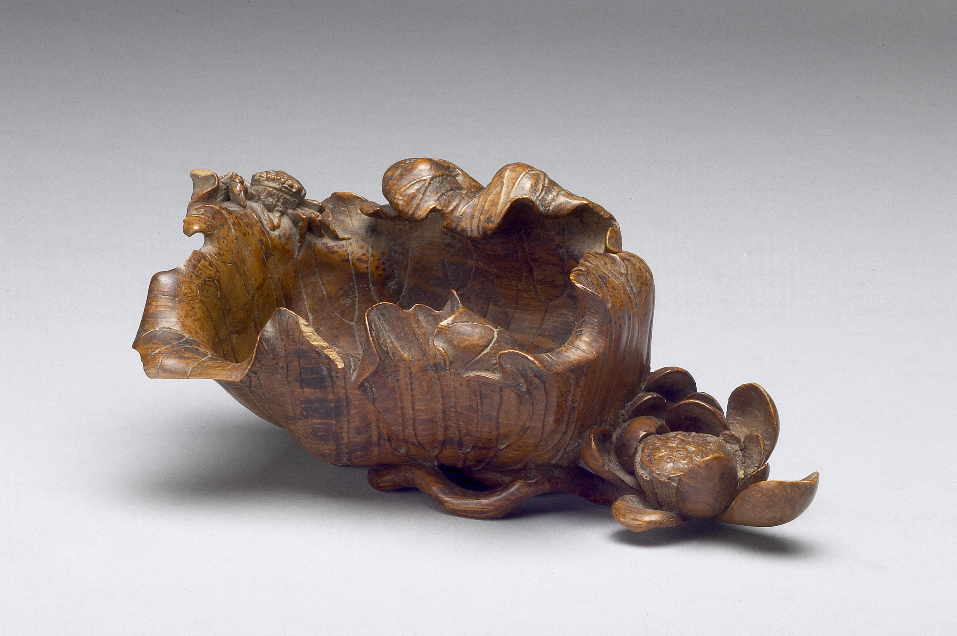Carved Bamboo Brush Washer in the Shape of a Lotus Leaf